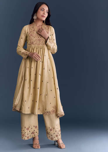 Beige Silk Anarkali Suit With Zari Embroidery
