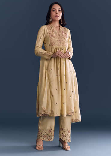 Beige Silk Anarkali Suit With Zari Embroidery