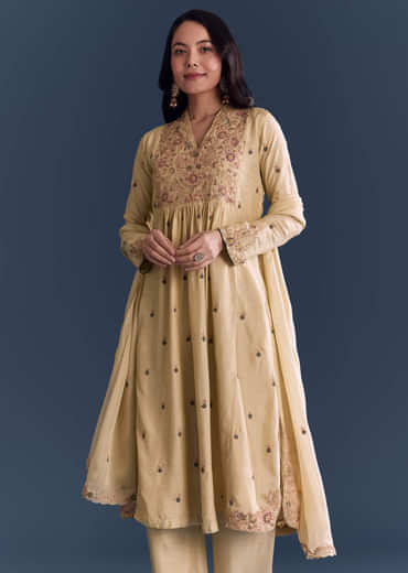 Beige Silk Anarkali Suit With Zari Embroidery