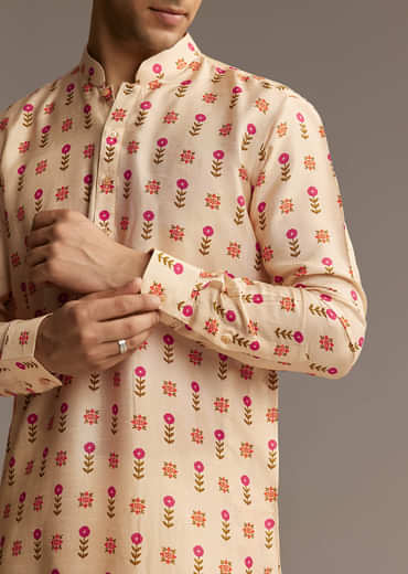 Beige Silk Designer Kurta For Men With Floral Print