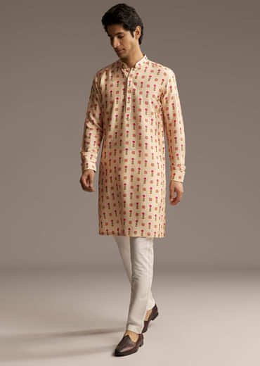 Beige Silk Designer Kurta For Men With Floral Print