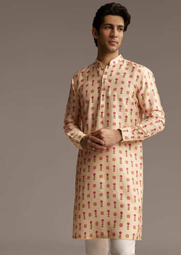 Beige Silk Designer Kurta For Men With Floral Print