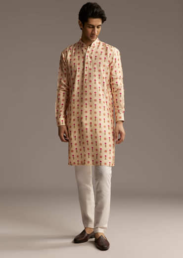 Beige Silk Designer Kurta For Men With Floral Print