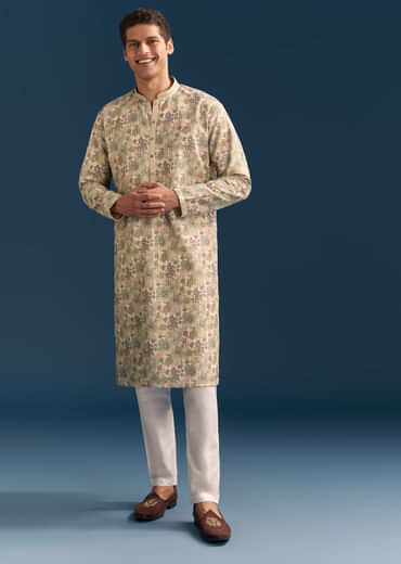 Beige Silk Floral Kurta Set For Men With Thread Embroidery