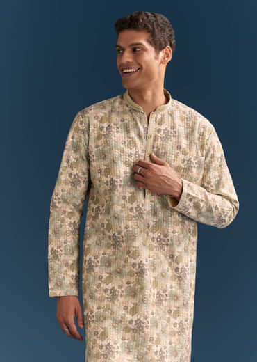 Beige Silk Floral Kurta Set For Men With Thread Embroidery