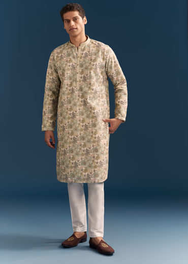Beige Silk Floral Kurta Set For Men With Thread Embroidery