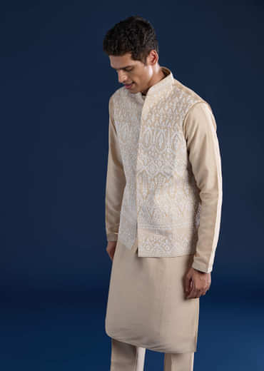 Beige Silk Jacket and Kurta Set with Resham Work
