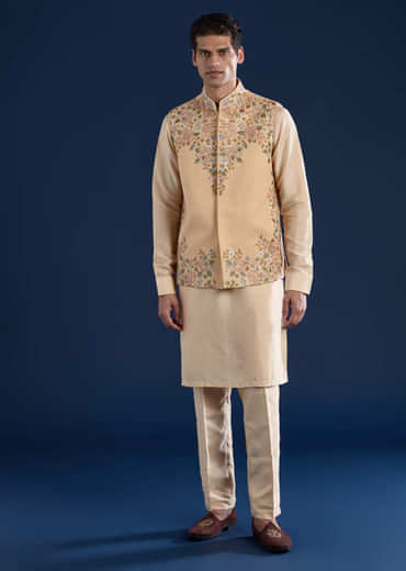 Beige Silk Jacket Kurta Set with French Knot