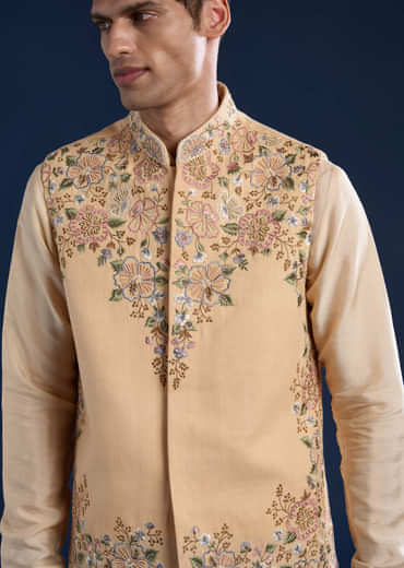 Beige Silk Jacket Kurta Set with French Knot