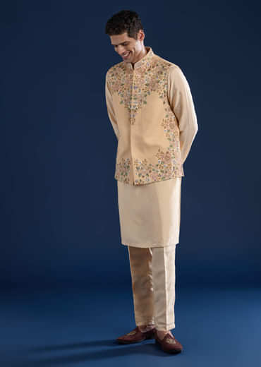 Beige Silk Jacket Kurta Set with French Knot