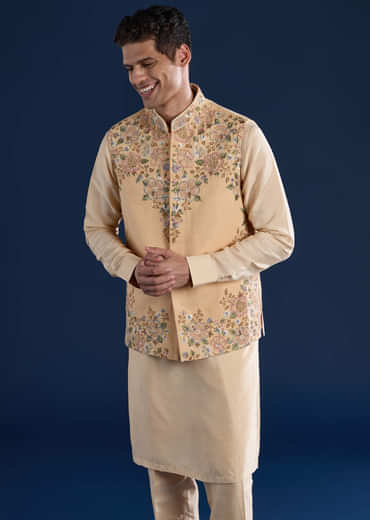 Beige Silk Jacket Kurta Set with French Knot