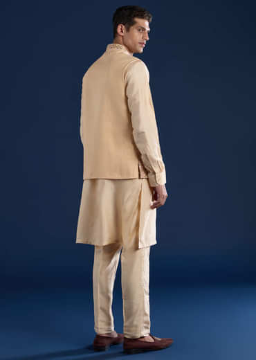 Beige Silk Jacket Kurta Set with French Knot