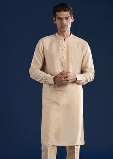 Beige Silk Jacket Kurta Set with French Knot