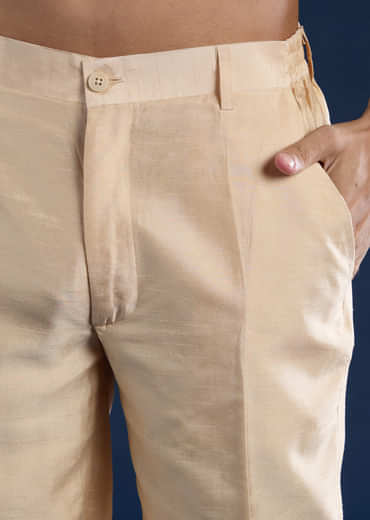 Beige Silk Jacket Kurta Set with French Knot