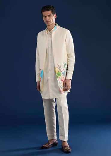 Beige Silk Jacket Kurta Set with Resham Embroidery