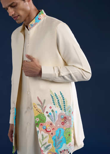 Beige Silk Jacket Kurta Set with Resham Embroidery
