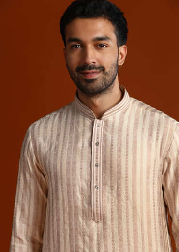 Beige Silk Jacquard Kurta Set For Men With Printed Stripes
