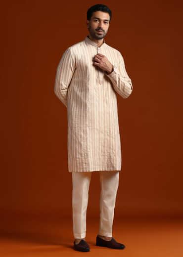 Beige Silk Jacquard Kurta Set For Men With Printed Stripes