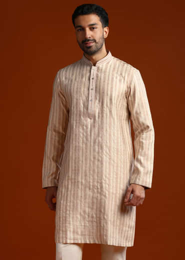 Beige Silk Jacquard Kurta Set For Men With Printed Stripes