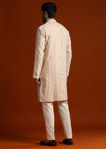 Beige Silk Jacquard Kurta Set For Men With Printed Stripes