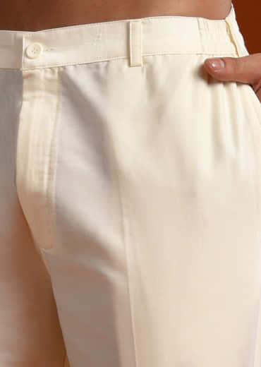 Beige Silk Jacquard Kurta Set For Men With Printed Stripes