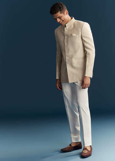 Beige Silk Jodhpuri Suit For Men With Embroidery