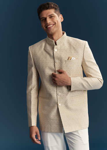 Beige Silk Jodhpuri Suit For Men With Embroidery