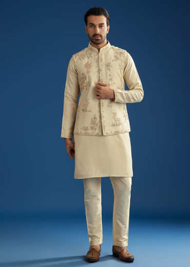 Beige Silk Kurta Jacket Set With Cutdana Work
