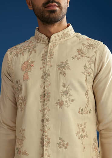 Beige Silk Kurta Jacket Set With Cutdana Work