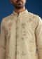 Beige Silk Kurta Jacket Set With Cutdana Work