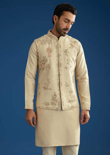 Beige Silk Kurta Jacket Set With Cutdana Work