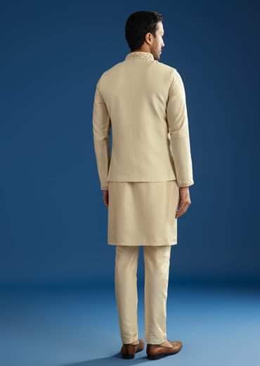 Beige Silk Kurta Jacket Set With Cutdana Work