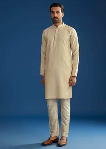 Beige Silk Kurta Jacket Set With Cutdana Work
