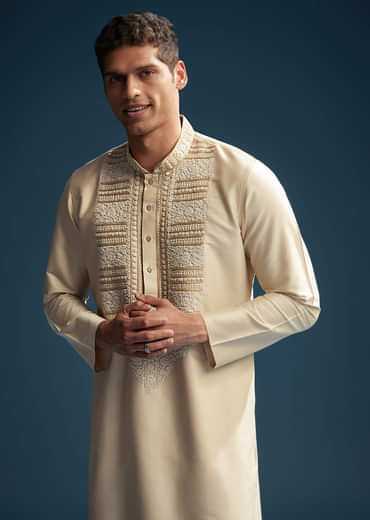 Beige Silk Kurta Set For Men With Kashmiri Hand Work