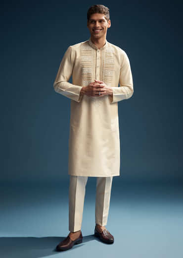 Beige Silk Kurta Set For Men With Kashmiri Hand Work