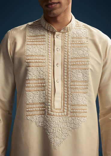 Beige Silk Kurta Set For Men With Kashmiri Hand Work