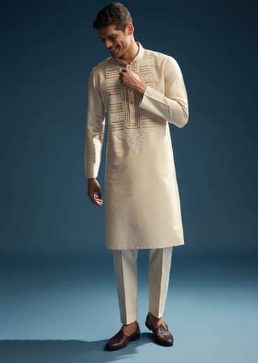 Beige Silk Kurta Set For Men With Kashmiri Hand Work