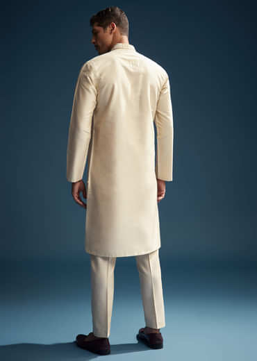 Beige Silk Kurta Set For Men With Kashmiri Hand Work