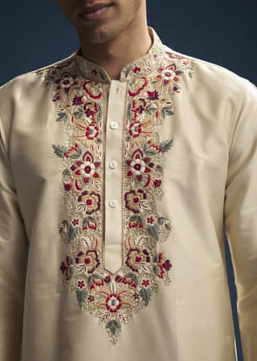 Beige Silk Kurta Set For Men With Resham Aari Embroidery