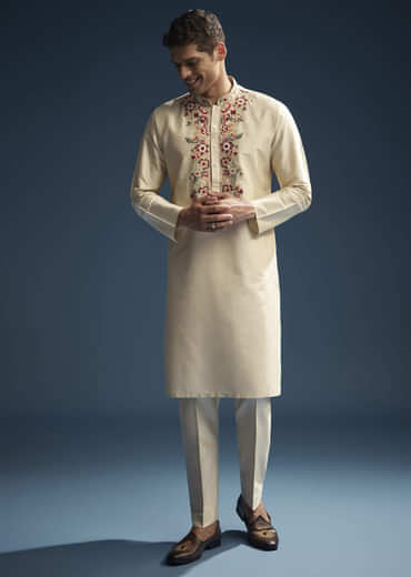 Beige Silk Kurta Set For Men With Resham Aari Embroidery