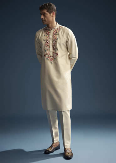 Beige Silk Kurta Set For Men With Resham Aari Embroidery