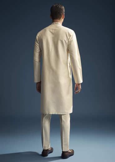 Beige Silk Kurta Set For Men With Resham Aari Embroidery
