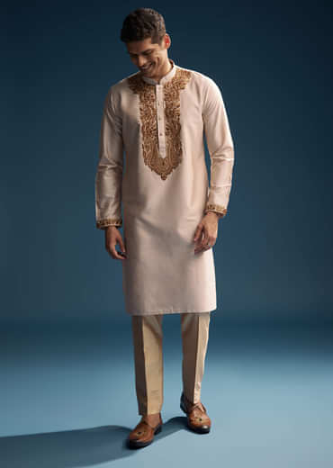 Beige Silk Kurta Set For Men With Resham Hand Embroidery