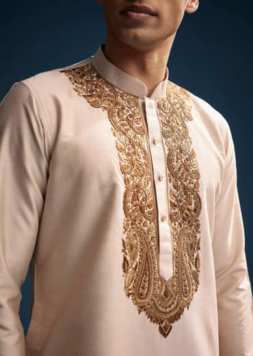 Beige Silk Kurta Set For Men With Resham Hand Embroidery