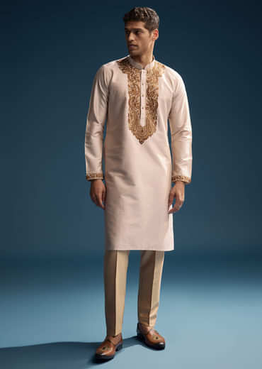 Beige Silk Kurta Set For Men With Resham Hand Embroidery