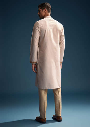 Beige Silk Kurta Set For Men With Resham Hand Embroidery