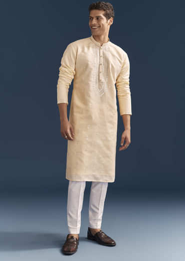 Beige Silk Kurta Set For Men With Thread And Mirror Embroidery