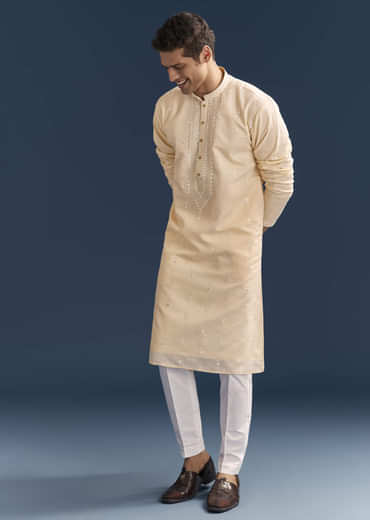 Beige Silk Kurta Set For Men With Thread And Mirror Embroidery