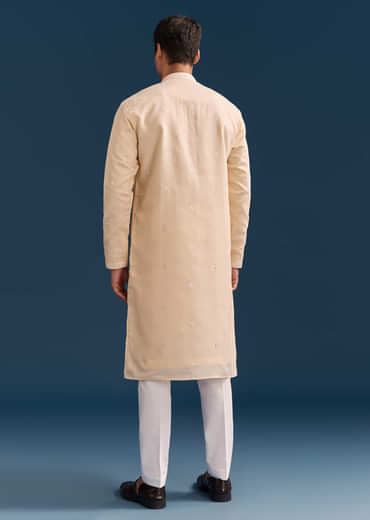 Beige Silk Kurta Set For Men With Thread And Mirror Embroidery