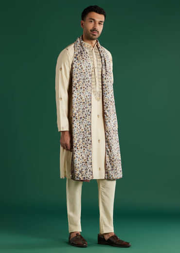 Beige Silk Kurta Set For Men With Thread Work And Floral Dupatta